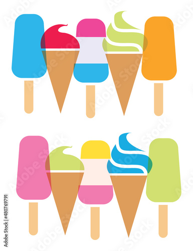vector background of colorful icecream cones and popsicles