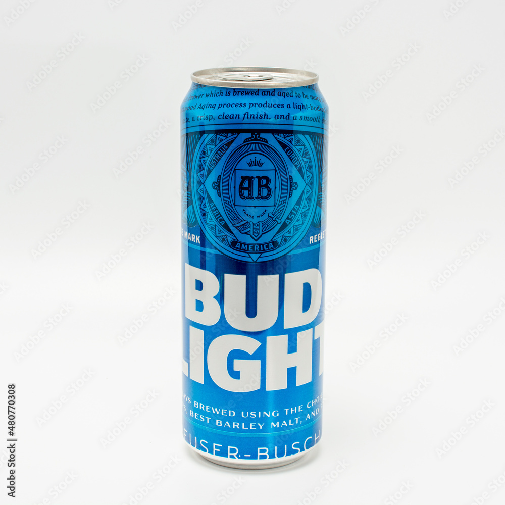 Bud Light american beer blue can chilled on a white background Stock Photo