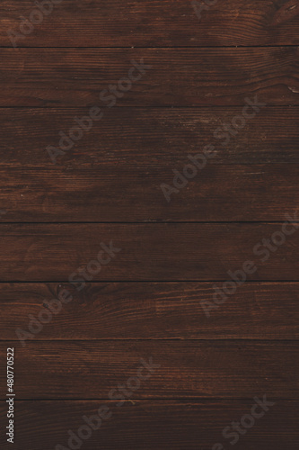 Fototapeta Naklejka Na Ścianę i Meble -  Vintage brown wood background texture with knots and nail holes. Old painted wood wall. Wooden dark horizontal boards