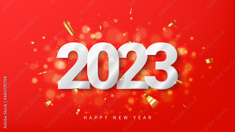 2023 Happy New Year banner. Silver number 2023 on red background with golden confetti and sparkles. New Year holiday symbol. Vector illustration.