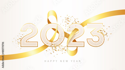 2023 Happy New Year banner. 2023 New Year holiday symbol template with golden gradient, golden satin ribbon and confetti. Vector illustration.