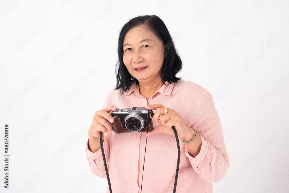 Asian older woman on white background, Travel concept Asian older woman on white background, Travel concept