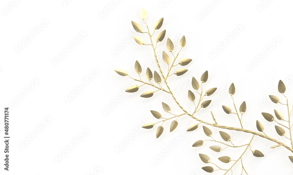 3D gold-plated tree branch and leaves on a white background 3D gold-plated tree branch and leaves on a white background