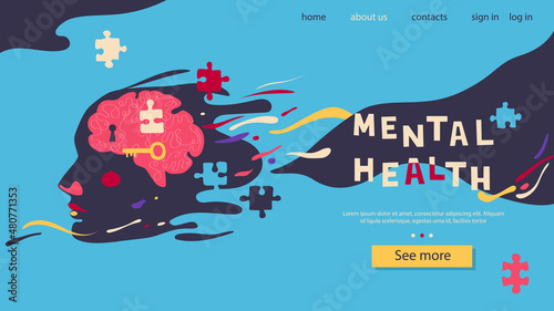 Landing page for a site about mental health. Banner with abstract human face. World Health Day.
