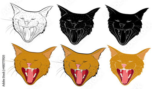 Set of Realistic yawning cat portrait. Vector illustration.