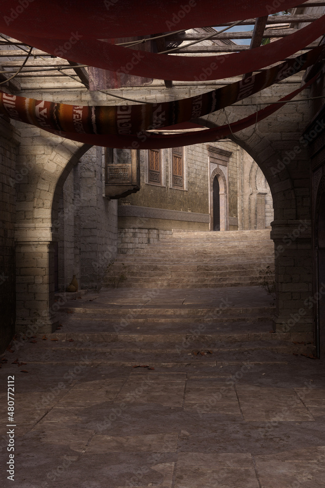 3D illustration of a narrow street in an old medieval Arabian town with archway leading to steps.