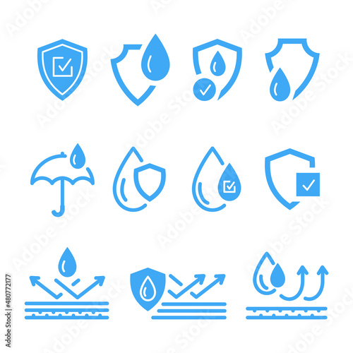 Waterproof icons such as shield, umbrella, liquid resistant layers, water drops
