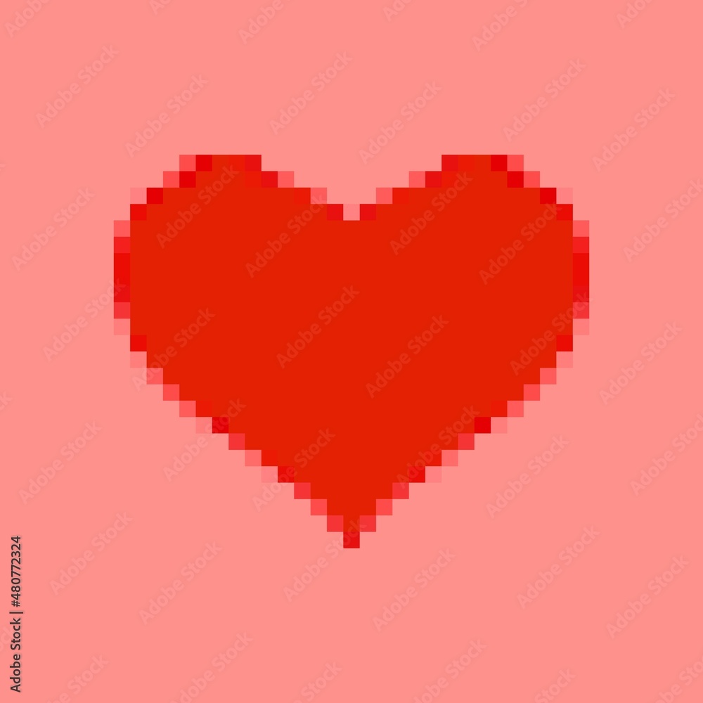 Red heart in pixel art style. 8 bit icon on red background. Red heart in pixel art style. 8 bit icon on red background.