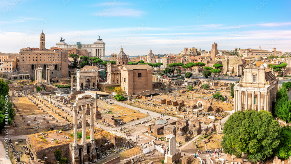 View on the Roman Forum ruins, temples, ancient houses at sunny day, Rome, Italy