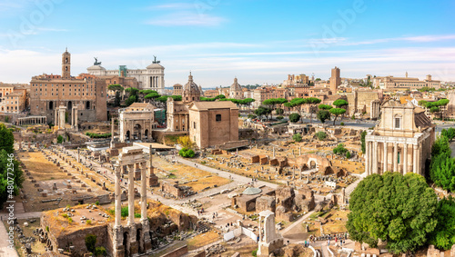 View on the Roman Forum ruins, temples, ancient houses at sunny day, Rome, Italy