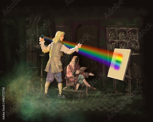 Isaac Newton gets the light spectrum, dispersion of light, science of light photo