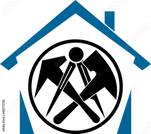 Dachdeckerwerkzeuge und Haus, Werkzeuge, Dachdecker Logo, Icon