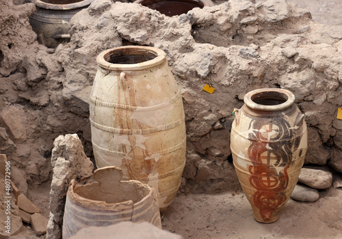  Recovered ancient pottery in prehistoric town of Akrotiri, excavation site of a Minoan Bronze Age 