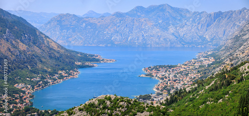 Panoramic landscape view of Kotor bay, Montenegro.