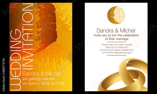 Carte d’invitation pour un mariage, élégante et graphique avec au recto un fond abstrait aux couleurs jaune-orangé et au verso 2 alliances et 2 astres, la lune et le soleil sur un fond blanc.