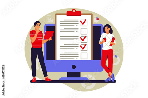 Customers filling up survey form. Vector illustration. Flat