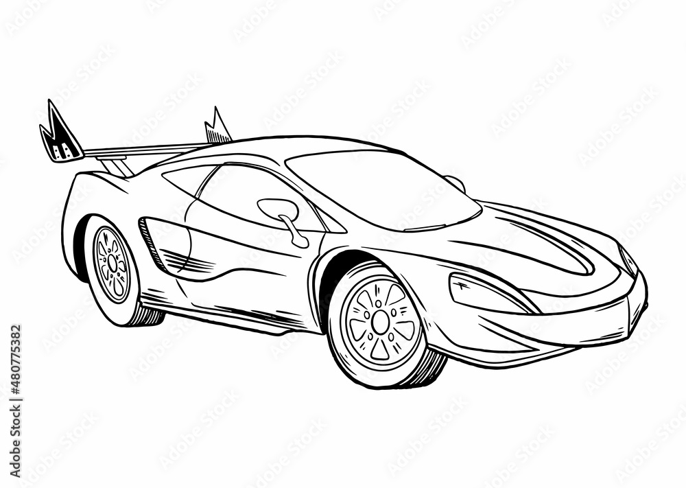 vector line cartoon sport car extreme transport illustration isolated on white background for boys. isolated on white background. Doodle Illustration in modern t-shirts style for clothes