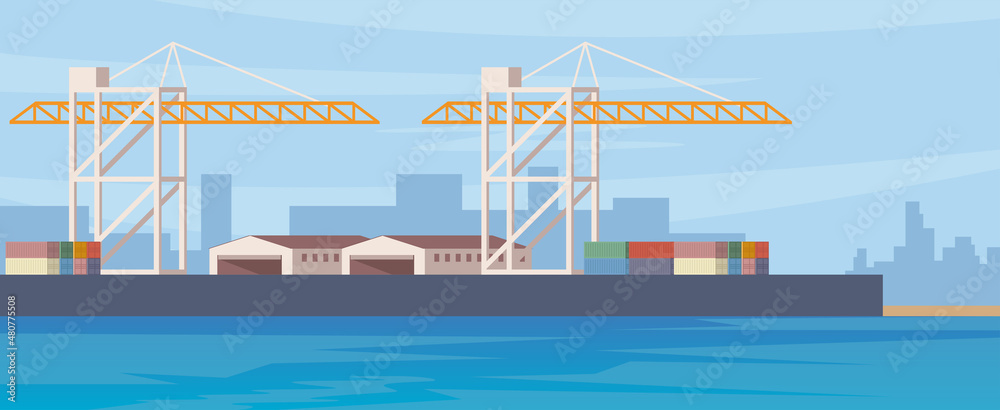 Cargo seaport with cranes, containers and warehouses. Cargo logistics. International cargo transportation and trade. Container ship, working cranes in shipping yard. Vector illustration. Cargo seaport with cranes, containers and warehouses. Cargo logistics. International cargo transportation and trade. Container ship, working cranes in shipping yard. Vector illustration.