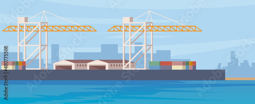 Cargo seaport with cranes, containers and warehouses. Cargo logistics. International cargo transportation and trade. Container ship, working cranes in shipping yard. Vector illustration.