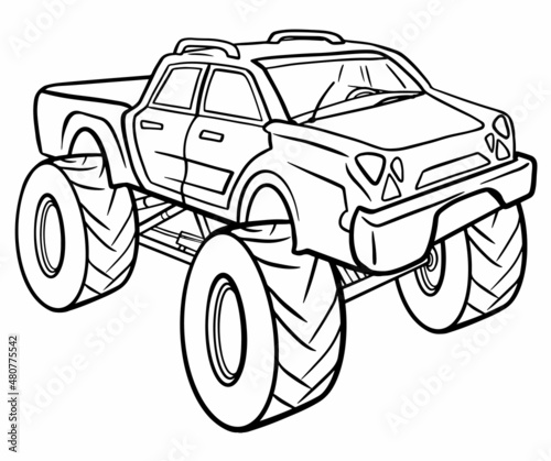 Monster truck vector line cartoon car and extreme transport illustration isolated on white background for boys. isolated on white background. Doodle Illustration in modern t-shirts style for clothes