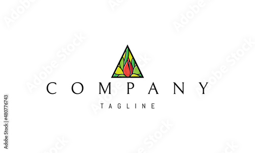 Vector color logo on which an abstract image of a rose bud in a triangle in a linear style.