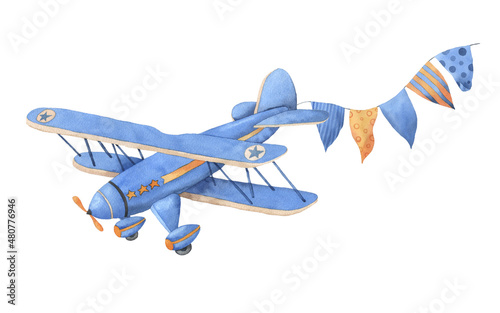 Watercolor illustration on white background with vintage airplane and garland flags. Hand drawing. Perfect for card, poster, baby design, boy's birthday.