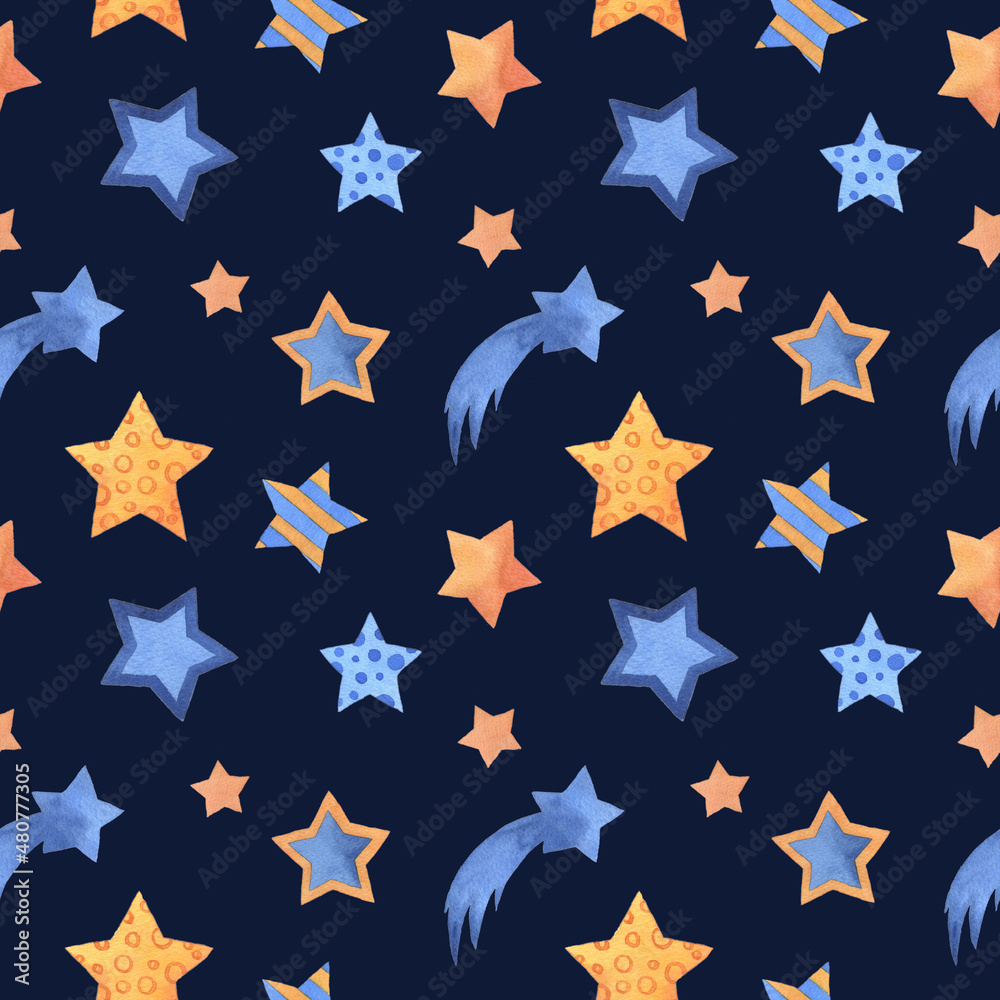 Seamless pattern with watercolor stars. Hand drawn illustration. Endless texture for design, decoration, greeting cards, posters, invitations, advertisement, textile. Seamless pattern with watercolor stars. Hand drawn illustration. Endless texture for design, decoration, greeting cards, posters, invitations, advertisement, textile.