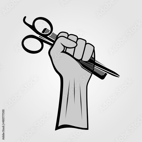 Hand holding hairdressing scissors and comb. Vector illustration.