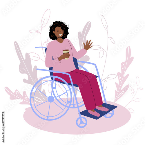 Black businesswoman in a wheelchair makes a greeting gesture. Young dark skin disabled girl in casual clothes sits in wheelchair and waving hand. Flat cartoon vector illustration.
