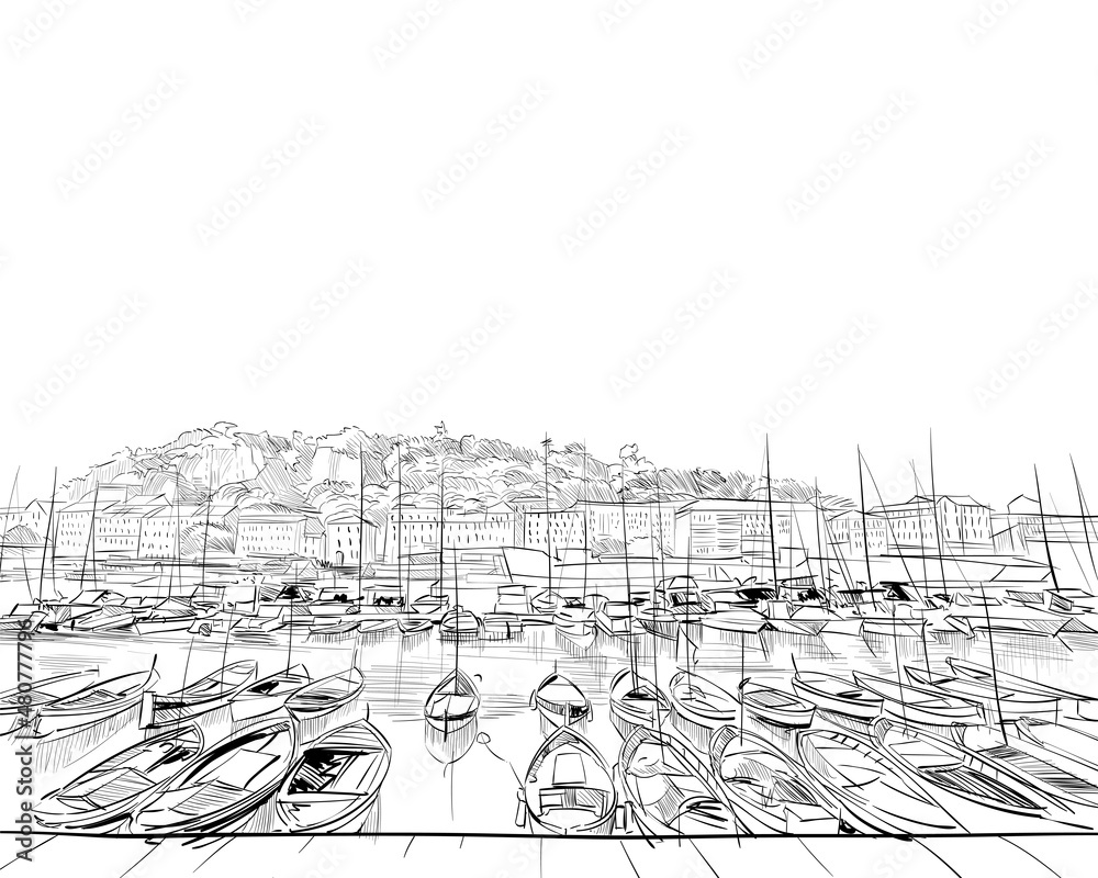 Fototapeta premium France. Nice. old port. Hand drawn sketch. Vector illustration.