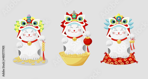 China lion dance maneki neko cat set in chinese style.Vector graphic. Happy chinese new year illustration. Japanese icon with red china symbol.