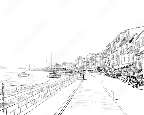 France. Nice. Azure cost. Hand drawn sketch. Vector illustration.
