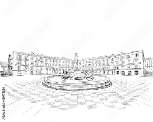 France. Nice. Fountain du Soleil on place Massena. Hand drawn sketch. Vector illustration.