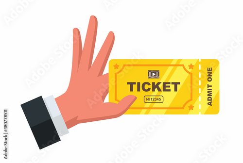 hand holding a golden movie ticket. lucky ticket. flat vector illustration.