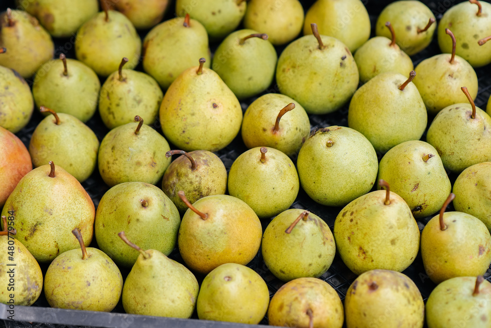 Boxes with ripe juicy pears are standing after harvesting close-up. Healthy organic food. Natural and environmentally friendly agriculture. Boxes with ripe juicy pears are standing after harvesting close-up. Healthy organic food. Natural and environmentally friendly agriculture.