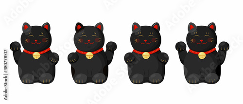 Japanese set with maneki black set on white background. China design traditional asian style. Funny cat. Cartoon vector illustration.