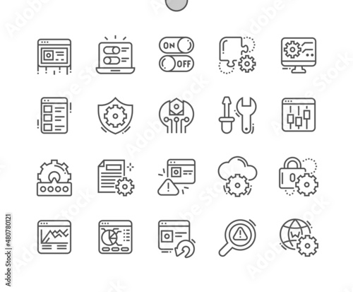 Setup and settings. Settings on computer. Customization tools. Memory monitoring app. Internet setup. Pixel Perfect Vector Thin Line Icons. Simple Minimal Pictogram photo