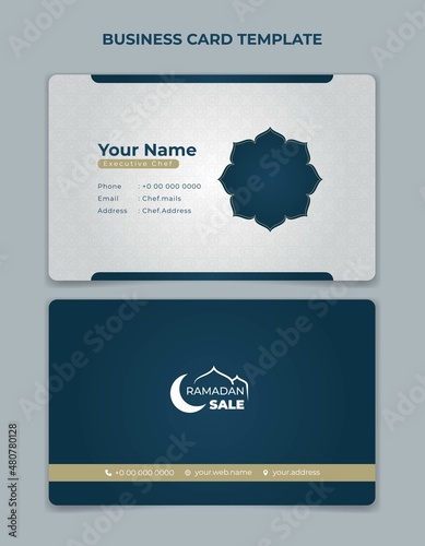 Business Card template design in Blue and white design with islamic background. Blue and white ID card template design.