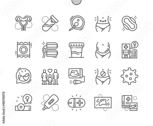 Reproductive health. Analysis of urine. Caesarean operation. Pregnancy test positive. Female hygiene. Pixel Perfect Vector Thin Line Icons. Simple Minimal Pictogram