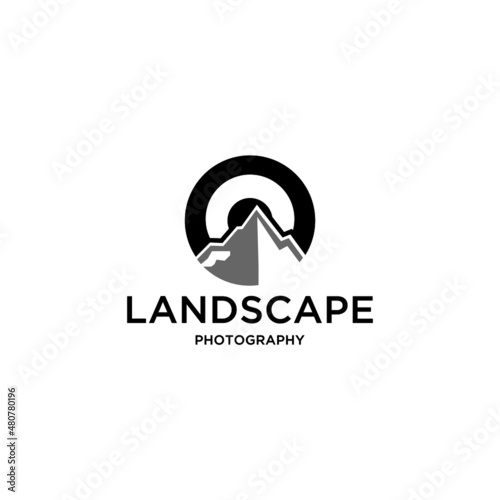 Photography logo design with mountain landscape and lens vector for photographer