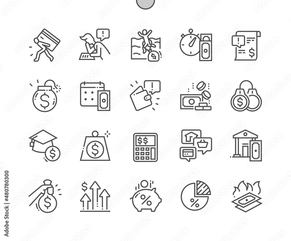 Fototapeta premium Debt. Piggy bank. Tax. Pay day. Credit card debt. Management, money, financial and payment. Pixel Perfect Vector Thin Line Icons. Simple Minimal Pictogram