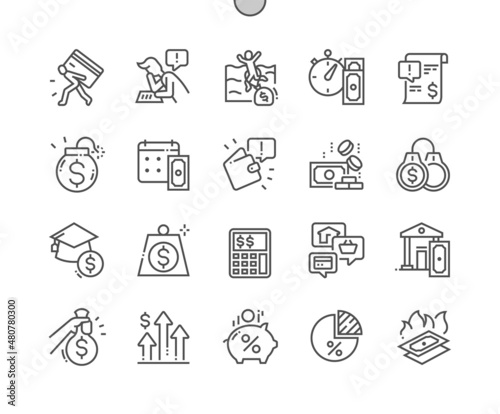 Debt. Piggy bank. Tax. Pay day. Credit card debt. Management, money, financial and payment. Pixel Perfect Vector Thin Line Icons. Simple Minimal Pictogram