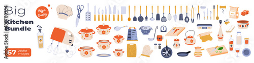 Kitchen utensils icons set in cartoon style. Big Collection of Kitchen tools and other cooking items. Bundle of cooking utensils items. Vector illustration.