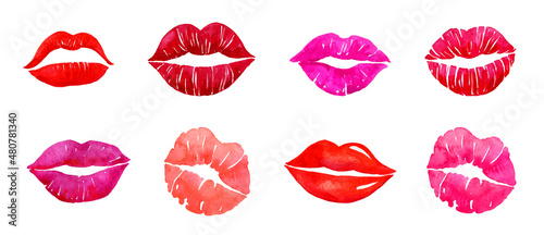 Watercolor kiss lips set. Pink, red, magenta lipstick, valentines day