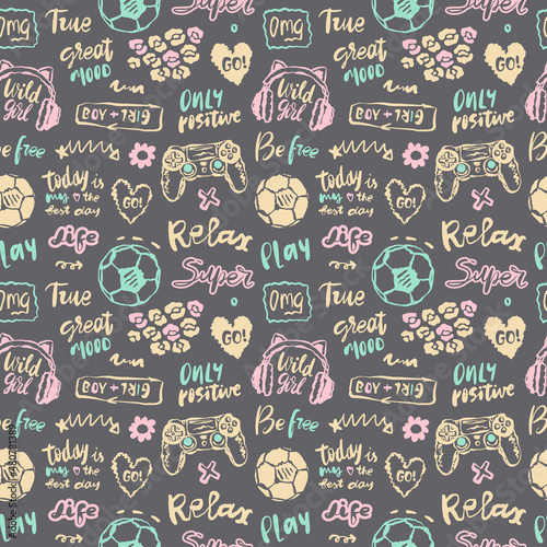 Colored girly seamless pattern on a gray background. Sports background with lettering, joystick headphones and soccer ball for textile.
