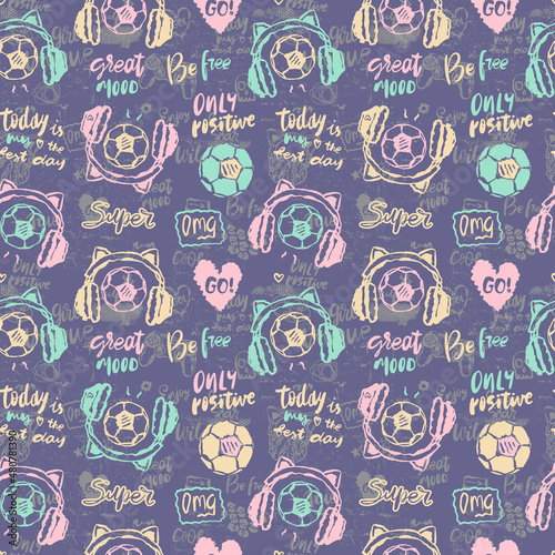 Girly seamless pattern with soccer ball and headphones. Vector positive lettering background for sport design of flyers, posters, textiles and cards.