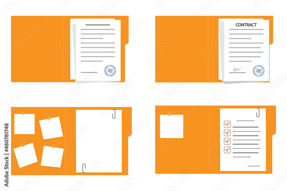 Open file folder with white leaf and sticky notes.Contract or document with text icon.Contract papers. Document, folder with stamp.Set of document case,paper case,notebook.Vector illustration. - obrazy, fototapety, plakaty 