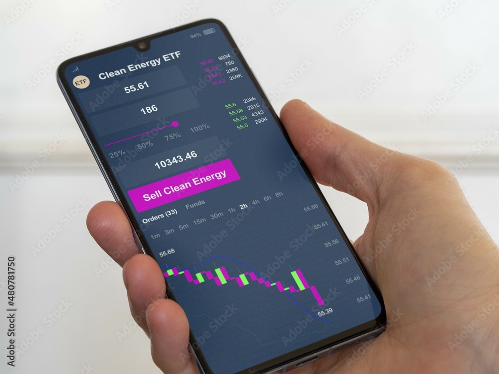 Stock exchange market etf chart, bear market data on smartphone. Business analysis of an clean energy ETF. Invest in wind, hydroelectric power, solar, and geothermal energy blue chips. Stock exchange market etf chart, bear market data on smartphone. Business analysis of an clean energy ETF. Invest in wind, hydroelectric power, solar, and geothermal energy blue chips.