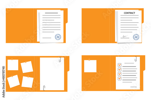 Open file folder with white leaf and sticky notes.Contract or document with text icon.Contract papers. Document, folder with stamp.Set of document case,paper case,notebook.Vector illustration.