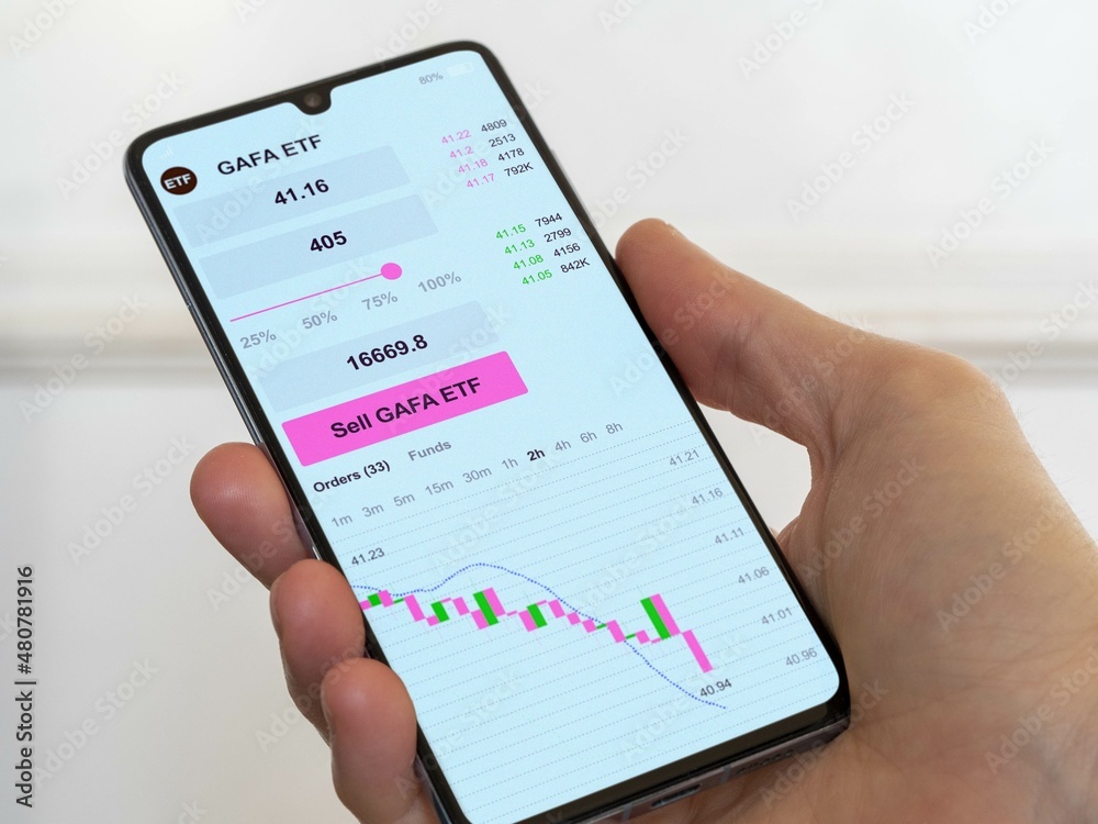 Stock exchange market chart, Stock market data on smartphone. Business analysis of an GAFA ETF